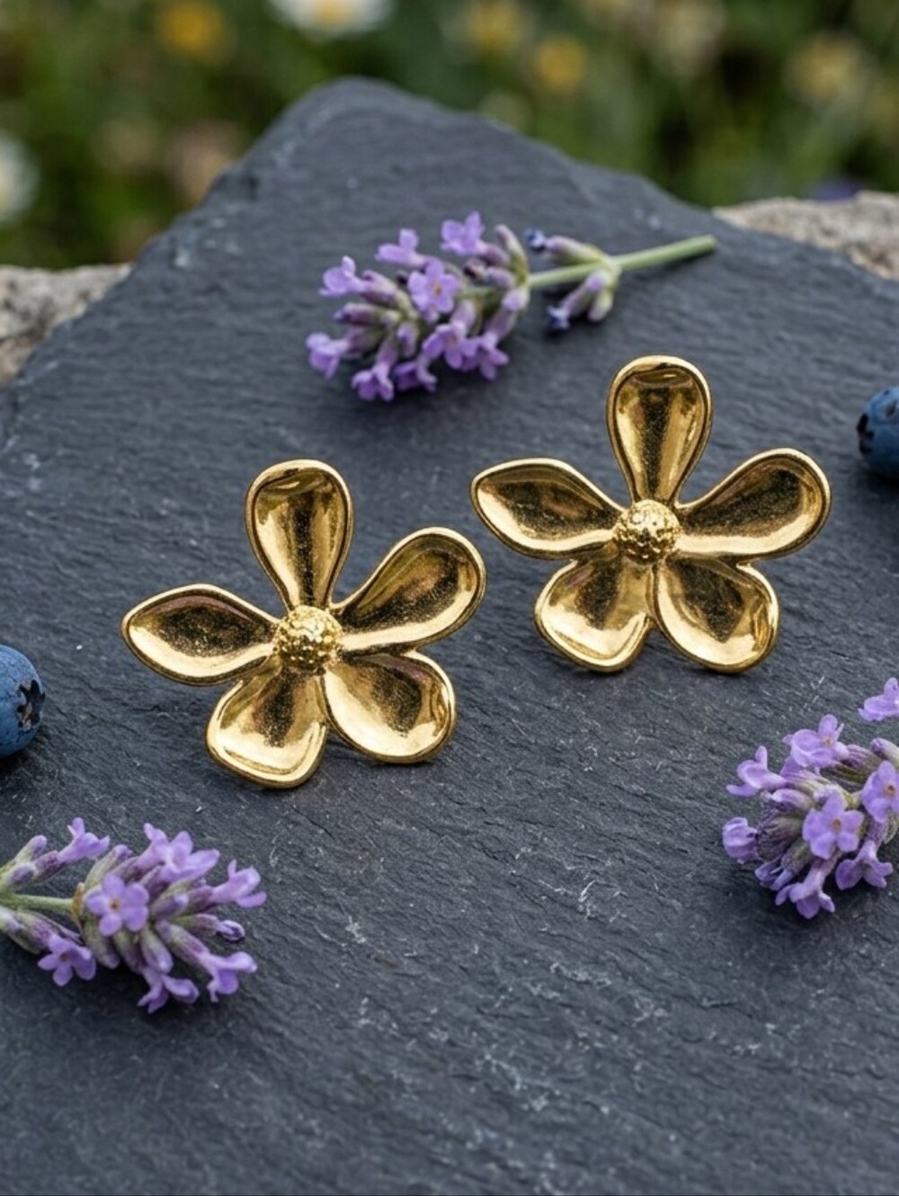 18K Gold Plated Stainless Steel Flower Statement Stud Earrings Coquette 1.1"